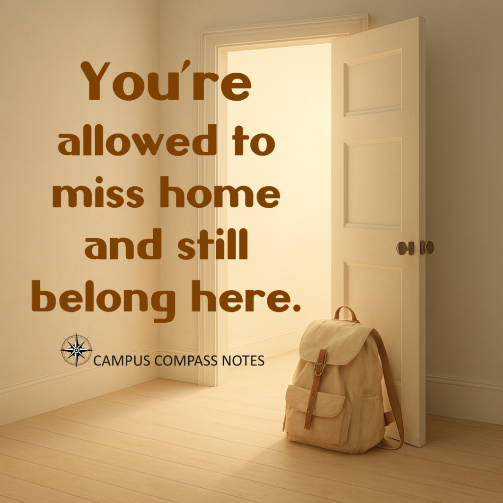 Sunlight streams through an open doorway, casting long shadows across the floor. A backpack leans gently against the door, caught between inside and outside. Black serif text reads: “You’re allowed to miss home and still belong here. The image honors the tension and grace of transition—belonging shaped by movement, memory, and light.