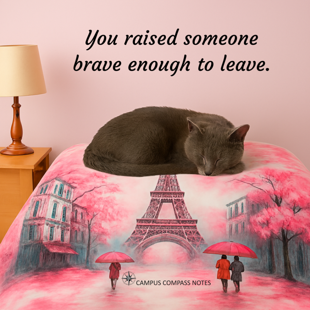 A gray cat sleeps peacefully on a bed with a vibrant pink and red Eiffel Tower blanket. Two figures with red umbrellas walk beneath the tower in the blanket’s design. Above the cat, black serif text reads: “You raised someone brave enough to leave.” The scene evokes quiet pride, comfort, and the bittersweet beauty of release.
