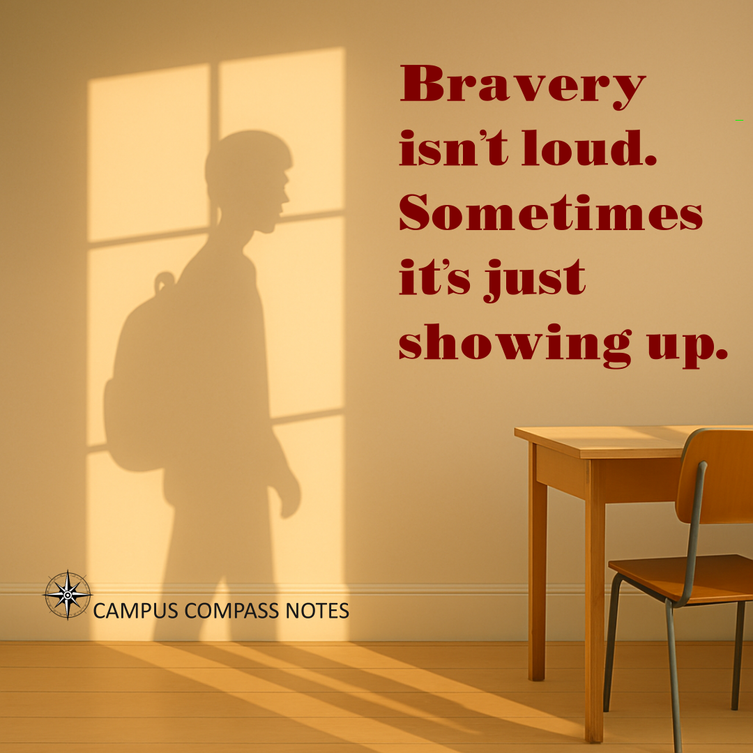 A male student’s silhouette is cast through a doorway onto the wall of a quiet classroom. Inside, a single desk and chair sit in stillness. Black serif text reads: “Bravery isn’t loud. Sometimes it’s just showing up.” The image honors quiet courage—presence without fanfare, and the strength it takes to simply step inside.