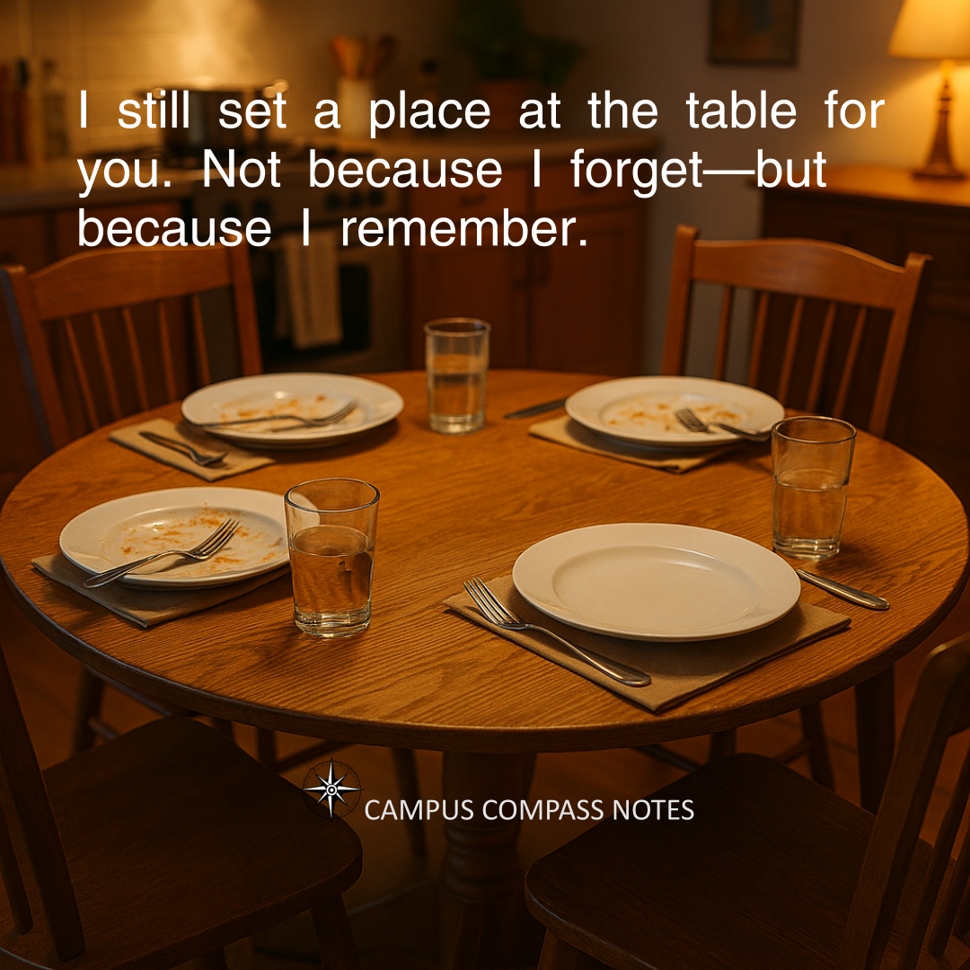 A round wooden dining table set for four. Three plates show remnants of food; one remains clean and untouched. Soft lighting and a nearby lamp evoke warmth and memory. Black serif text reads: “I still set a place at the table for you. Not because I forget—but because I remember.” The image honors remembrance through ritual—love expressed in the quiet act of making space, even in absence.