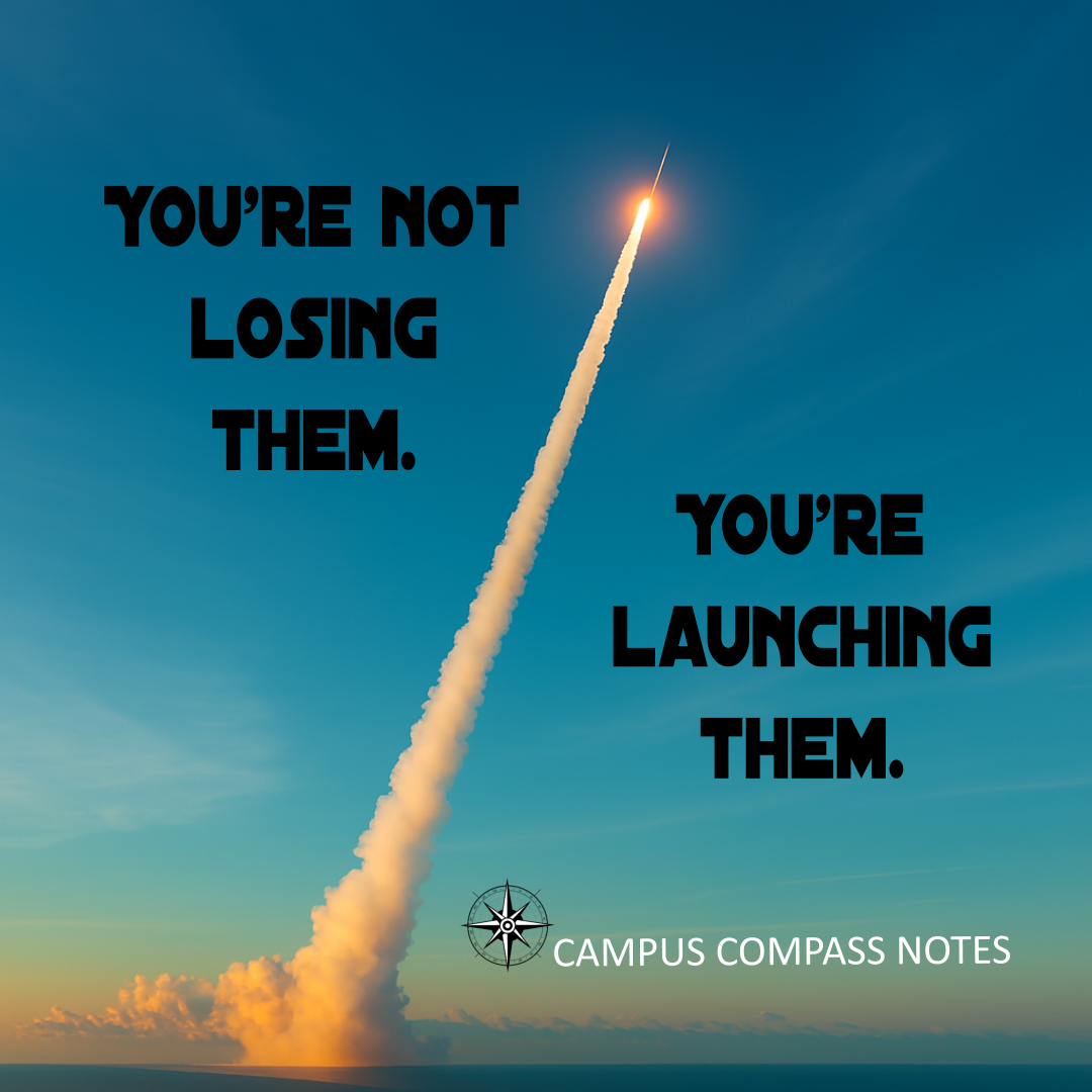 A clear blue sky with a single rocket contrail streaking upward. The ascent is quiet but powerful, evoking the moment a child takes flight. Black serif text reads: “You’re not losing them. You’re launching them.” The image honors the parent’s role in release—letting go not as loss, but as legacy.