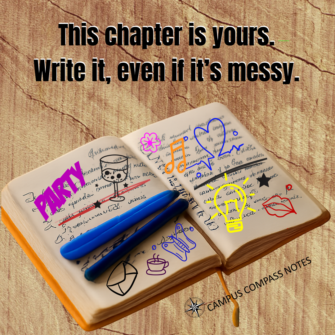 An open notebook rests on a wood-grained surface. Its pages are filled with handwritten notes, scratched-out sentences, and brightly colored doodles. Two pens lie across the left-hand page, mid-thought. Black serif text reads: “This chapter is yours. Write it, even if it’s messy.” The image celebrates creative