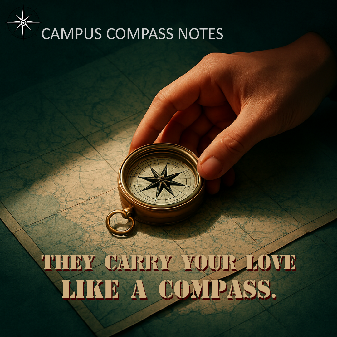 A hand holds a brass compass over a vintage-style map, bathed in warm light. The compass needle points north, symbolizing direction and devotion. Bold serif text reads: “They carry your love like a compass.” The image evokes legacy, guidance, and the quiet strength of parental love.