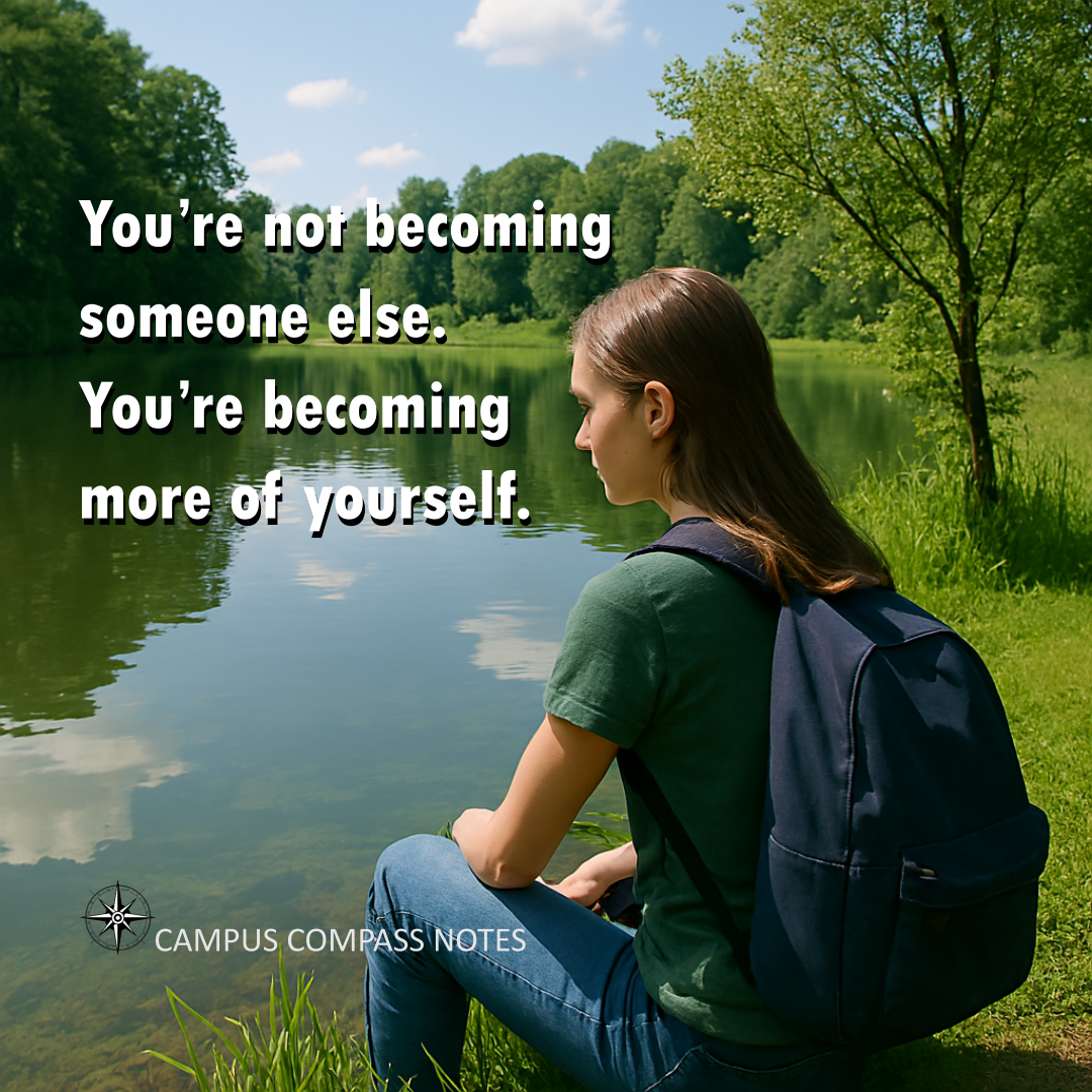 A female student sits quietly on a riverbank surrounded by lush green woods. Her gaze is contemplative, fixed on the flowing water and the serenity of nature. Black serif text reads: “You’re not becoming someone else. You’re becoming more of yourself.” The image honors self-discovery—growth not as change, but as deepening.
